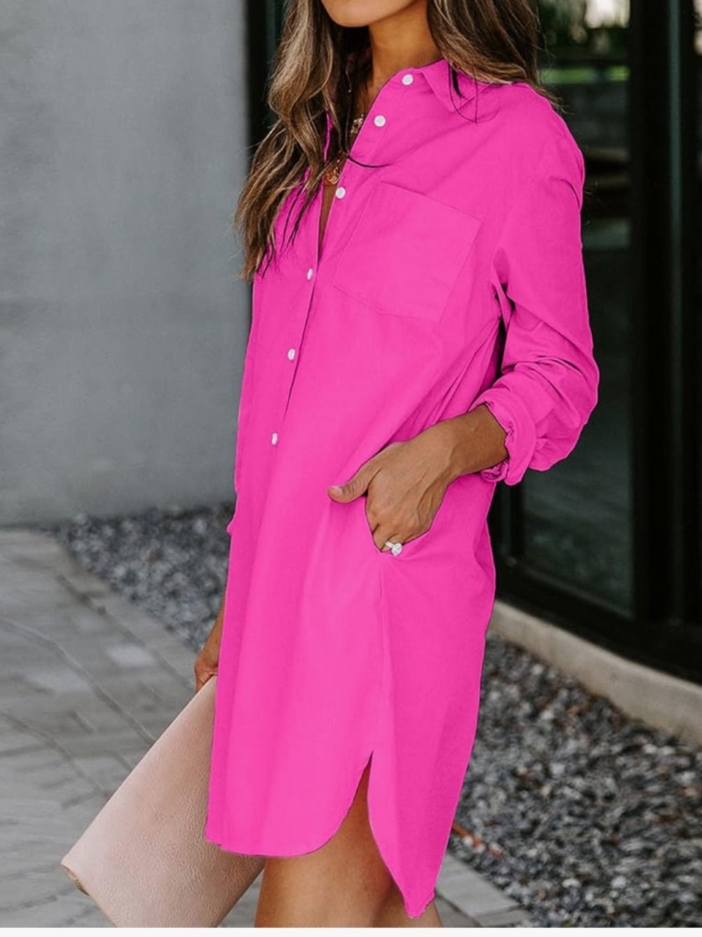 Hot pink shirt dress